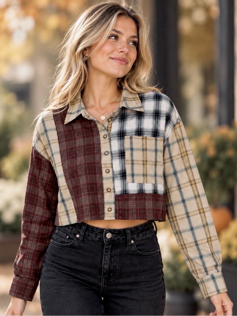 Blue Blush Patchwork Plaid Cropped Button Down Shirt Size Small